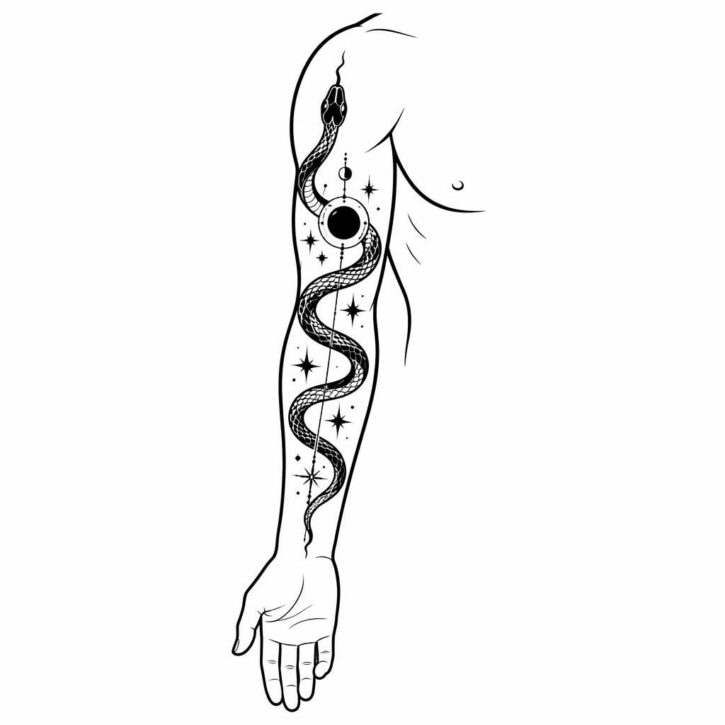 Blackwork snake tattoo flash concept on white paper, winding along an arm outline with bold lines and high contrast.