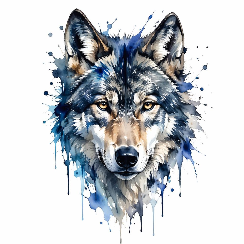 Diseño de tatuaje en papel blanco con rostro de lobo en acuarela, estilo realista, líneas nítidas y alto contraste.