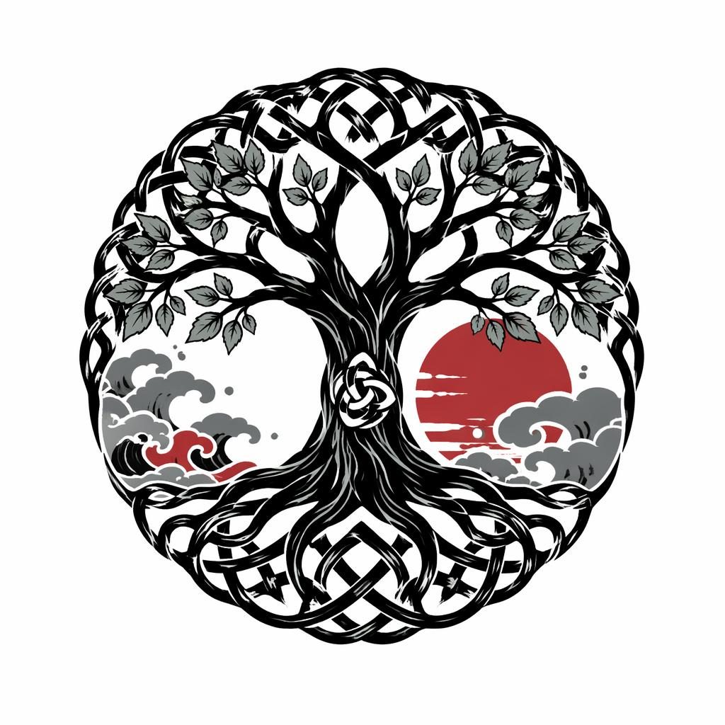 Celtic tree of life tattoo design on white paper in Japanese irezumi flash style, small chest placement, sharp black lines.