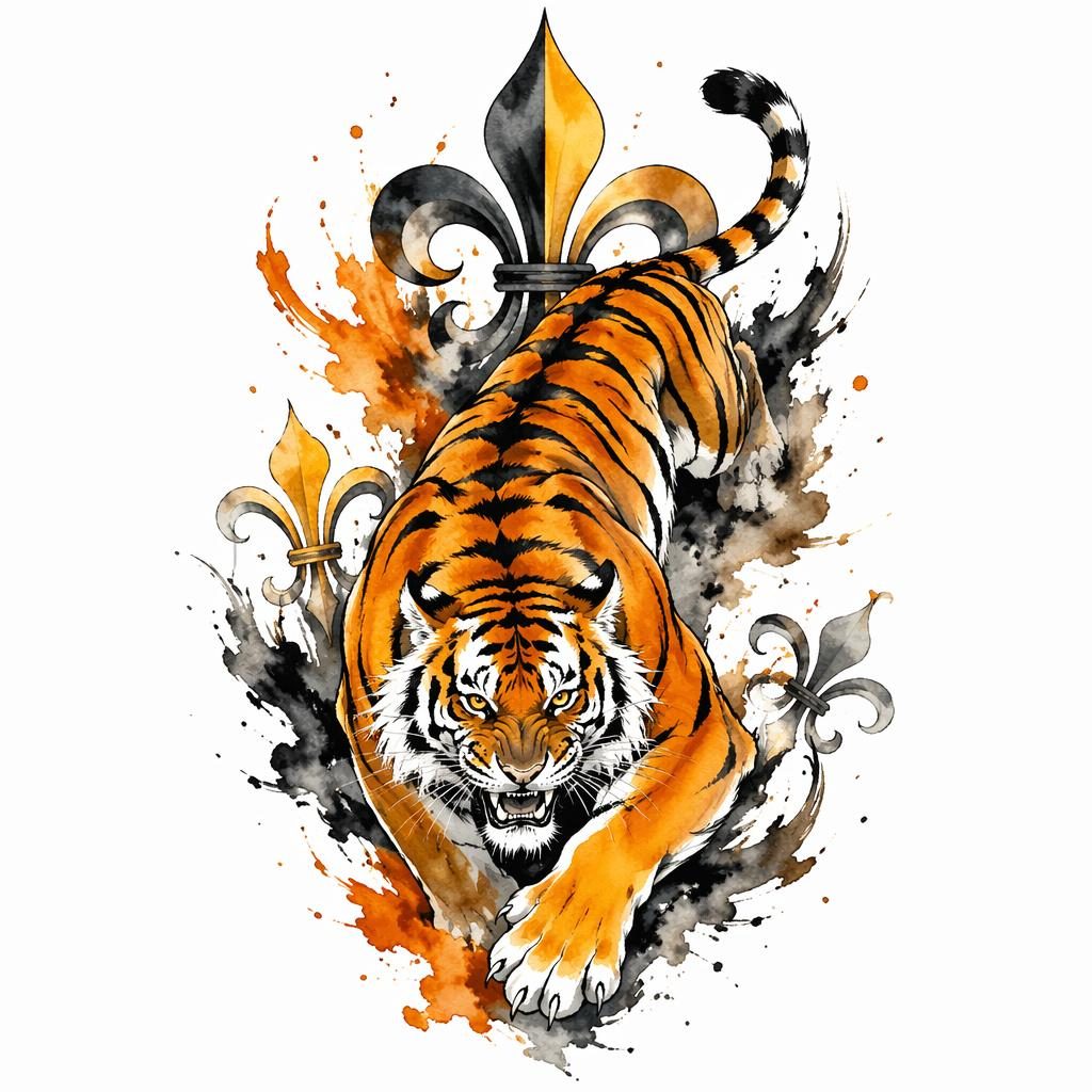 Tattoo flash concept on white paper showing a crawling Japanese tiger in watercolor splash style with sharp black lines.