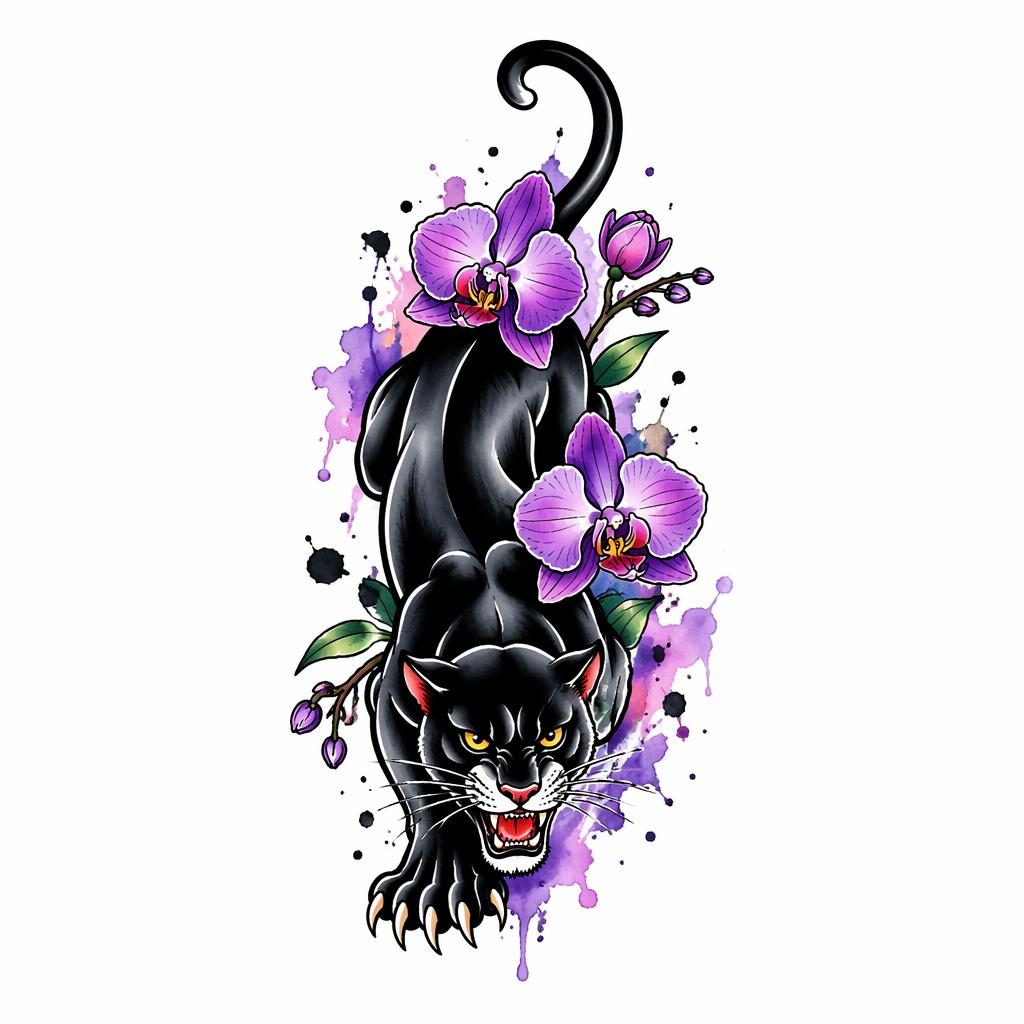 Diseño de tatuaje de pantera tradicional reptando en papel blanco, con salpicaduras de acuarela y líneas nítidas.