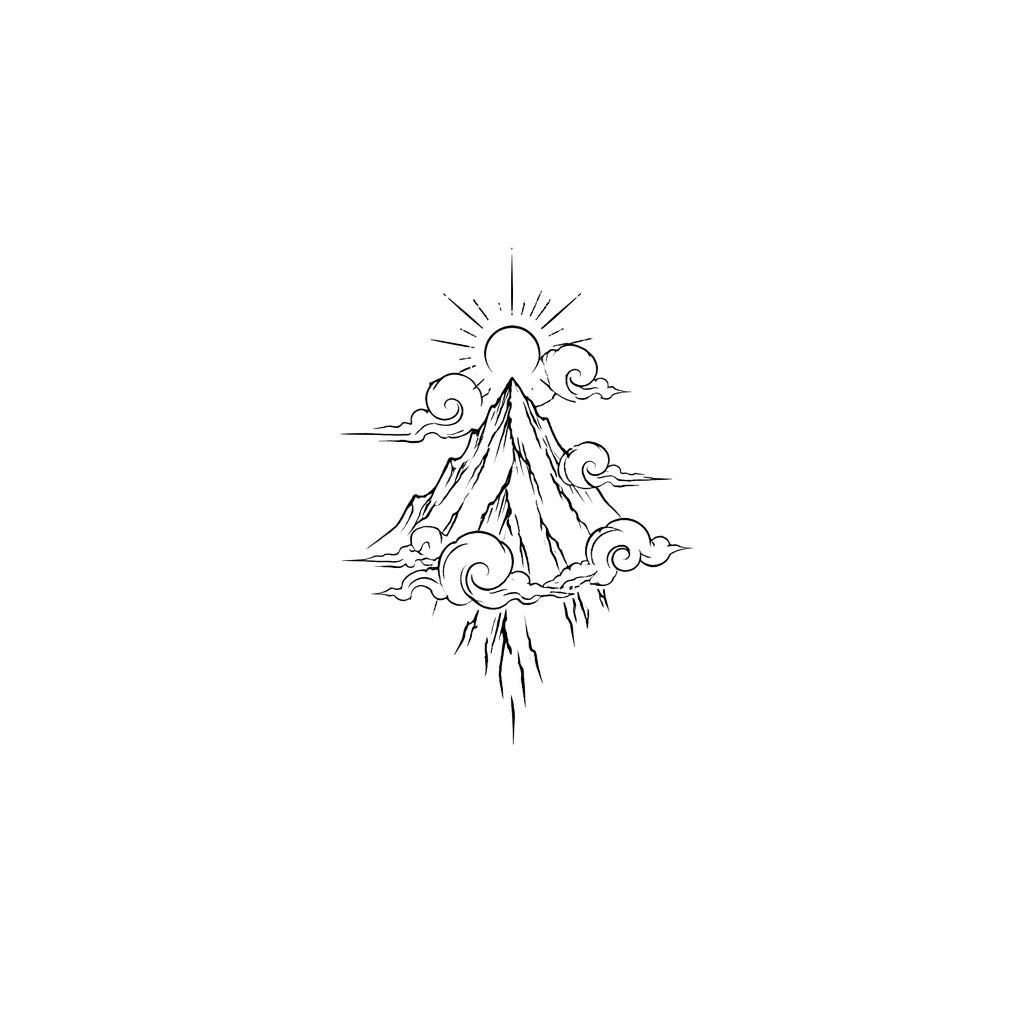 Minimalist fineline mountain tattoo design on white paper in clean flash-sheet style with sharp black lines.