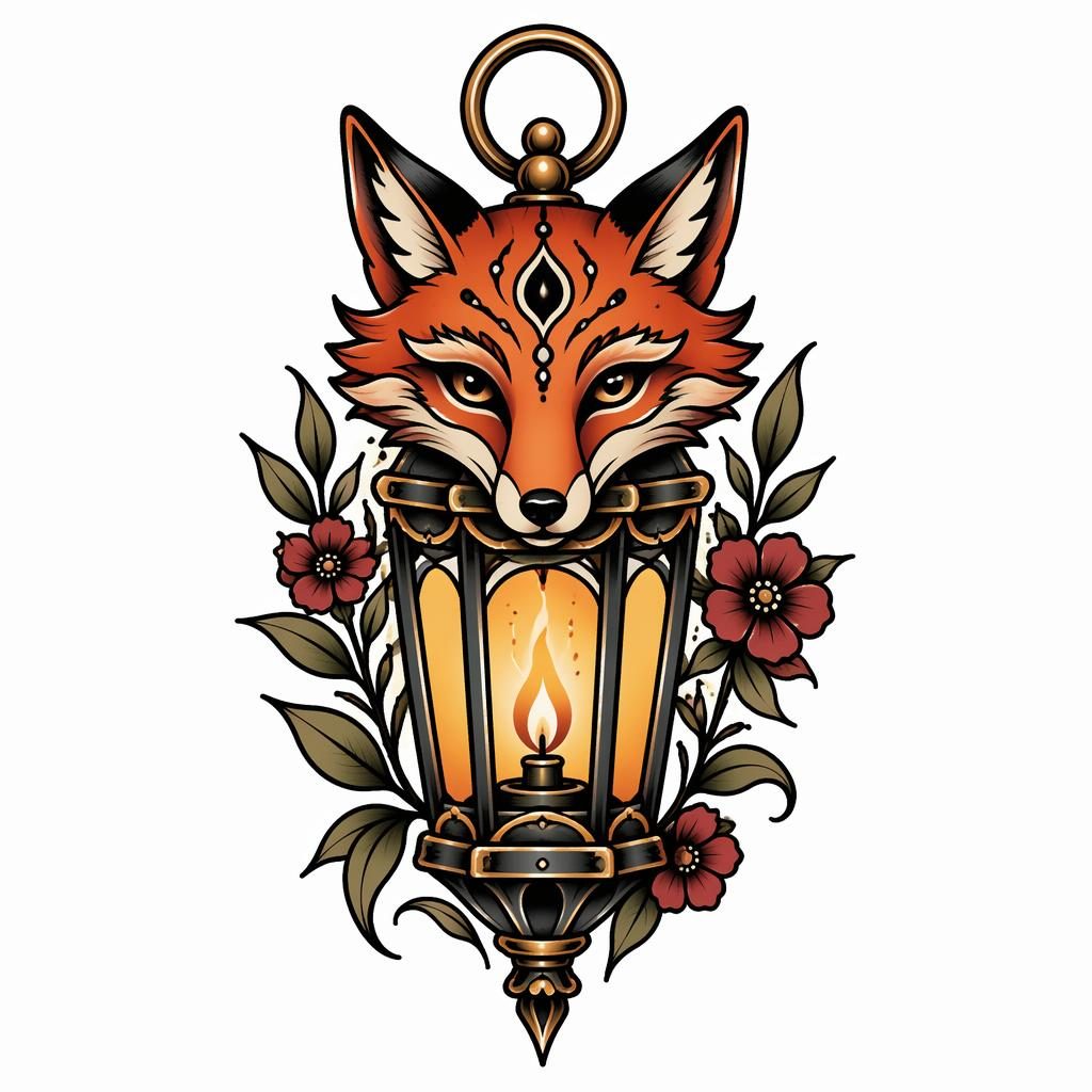 Tattoo-Design auf weißem Papier: neo-traditioneller Fuchs mit Laterne, klare Linien, hohe Kontraste, Flash-Sheet-Stil.