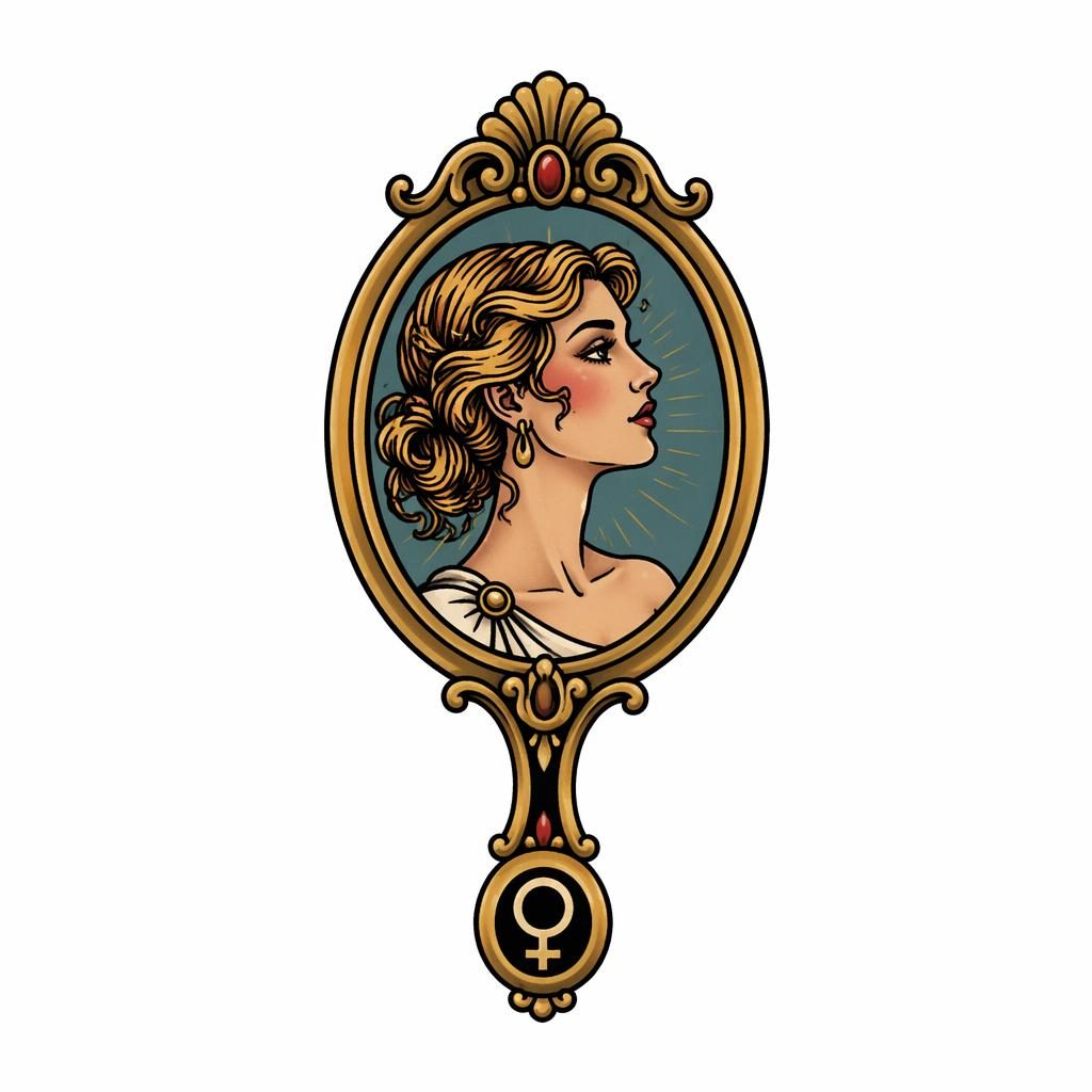 Neo-traditional Venus mirror tattoo design on white paper with bold black lines, high contrast, and clean flash-sheet styling