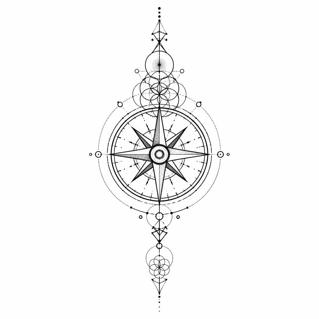 Geometrischer Sacred-Geometry-Kompass als Tattoo-Flash auf weißem Papier, in Dotwork mit scharfen Linien.