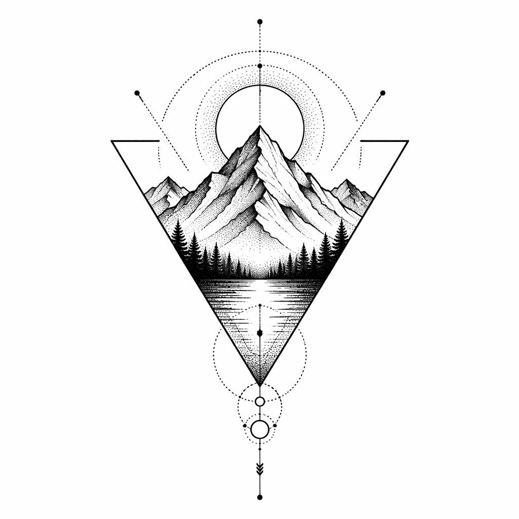 Geometric mountain triangle tattoo design on white paper, drawn in clean dotwork and sharp black lines on a plain white background.