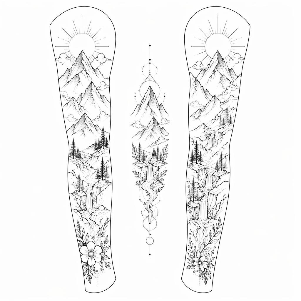 Maquette tatouage sur fond blanc d’une montagne fineline minimaliste, lignes nettes, composition panneau manchette