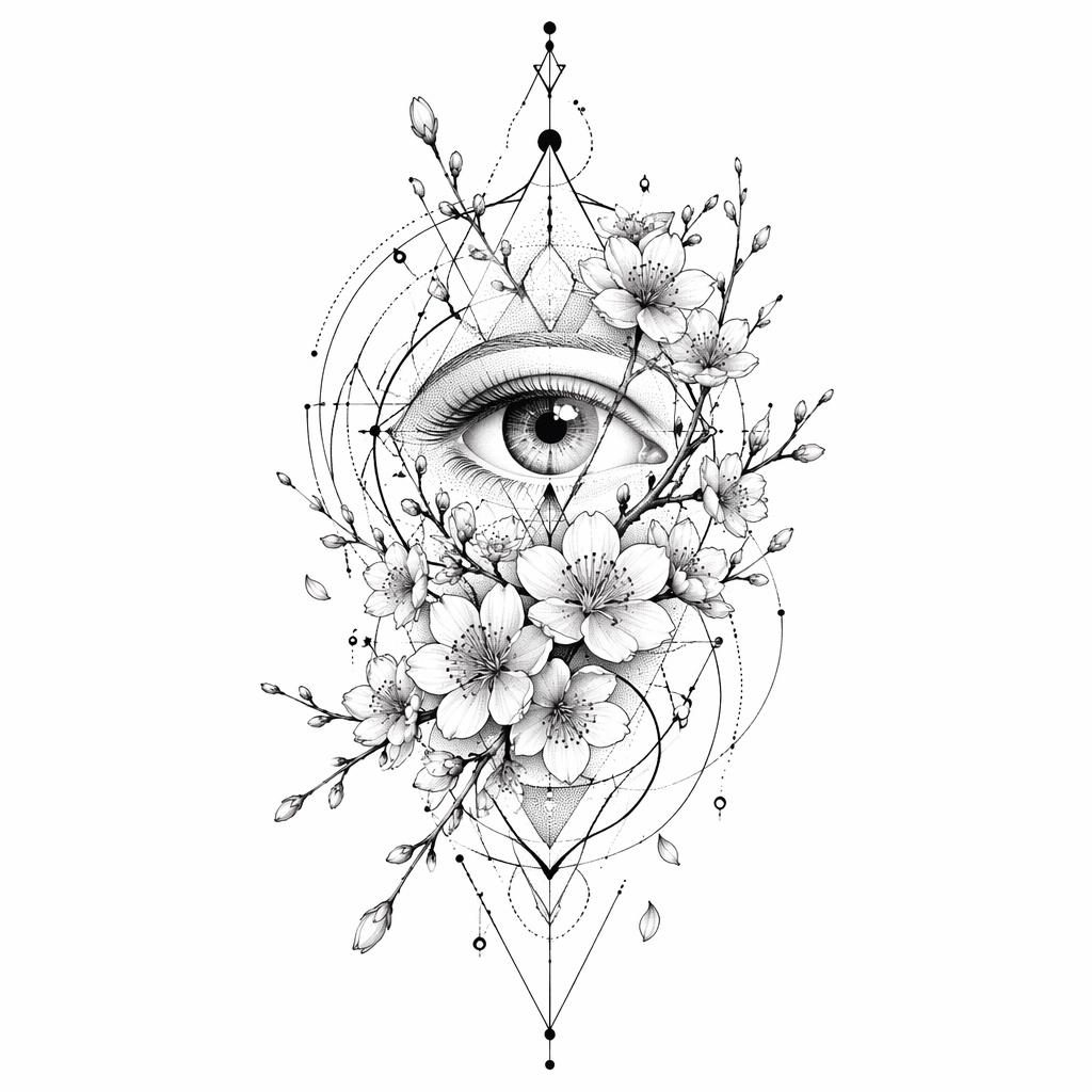 Tattoo-Design auf weißem Papier mit japanischen Kirschblüten, geometrischen Linien und Dotwork im Flash-Sheet-Stil.