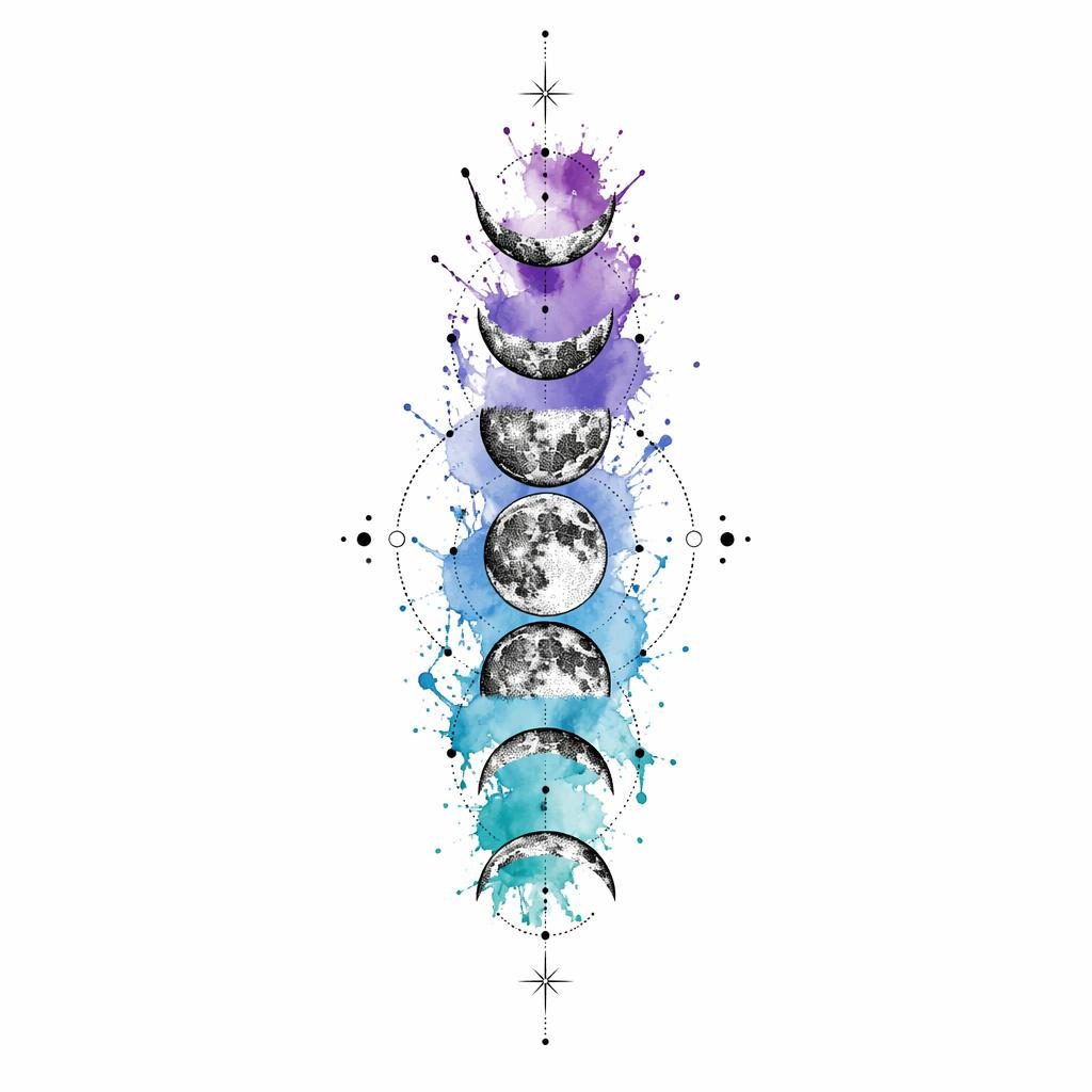 Dotwork moon phases tattoo design on white paper with watercolor splash accents, clean flash-sheet illustration.