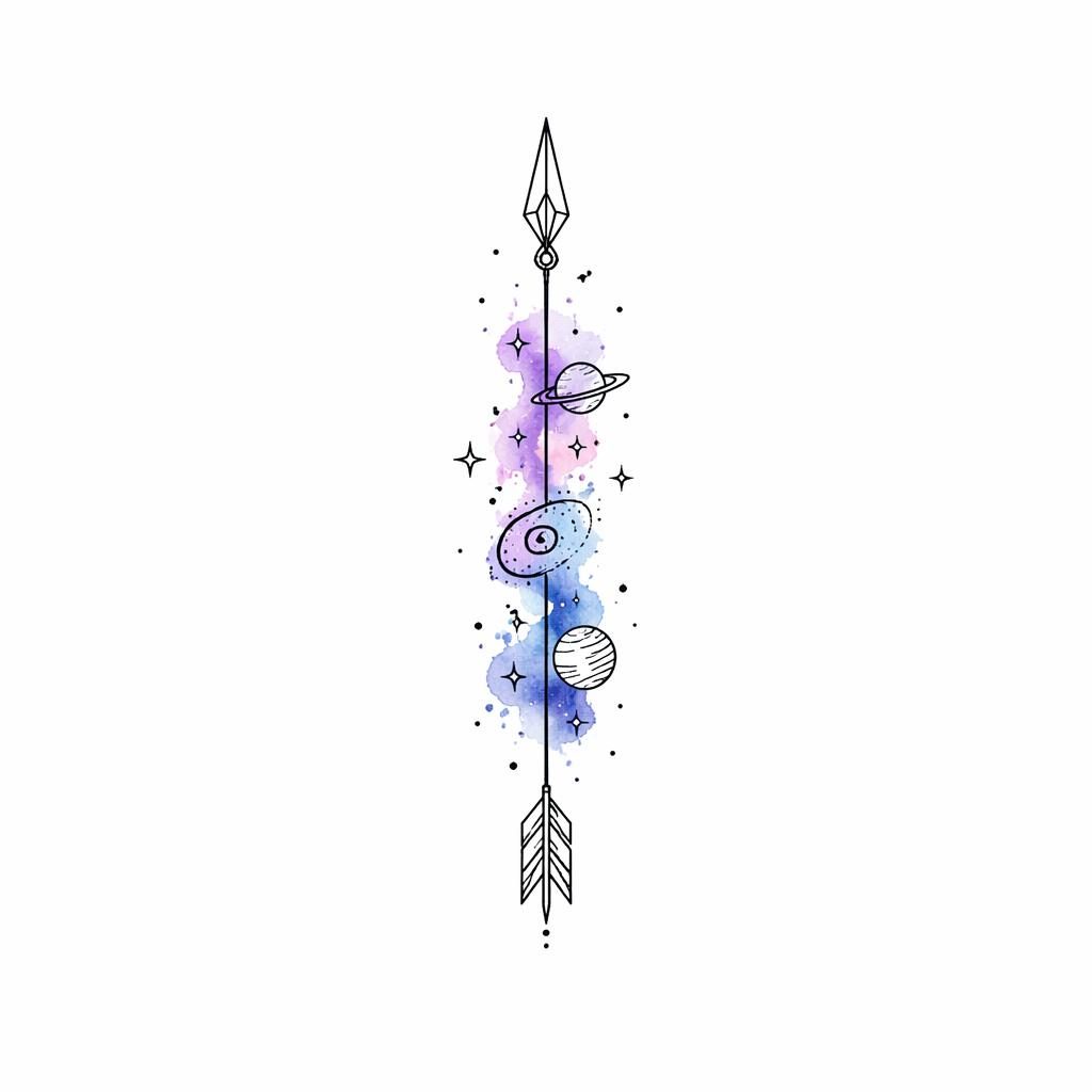 Minimalist fineline arrow tattoo design on white paper with watercolor splash accents, tiny flash-sheet style illustration.