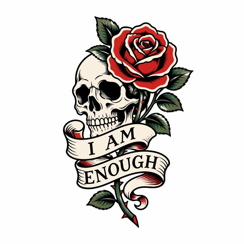 Traditional skull and rose tattoo design on white paper, flash-sheet style with sharp black lines and clean lettering concept.