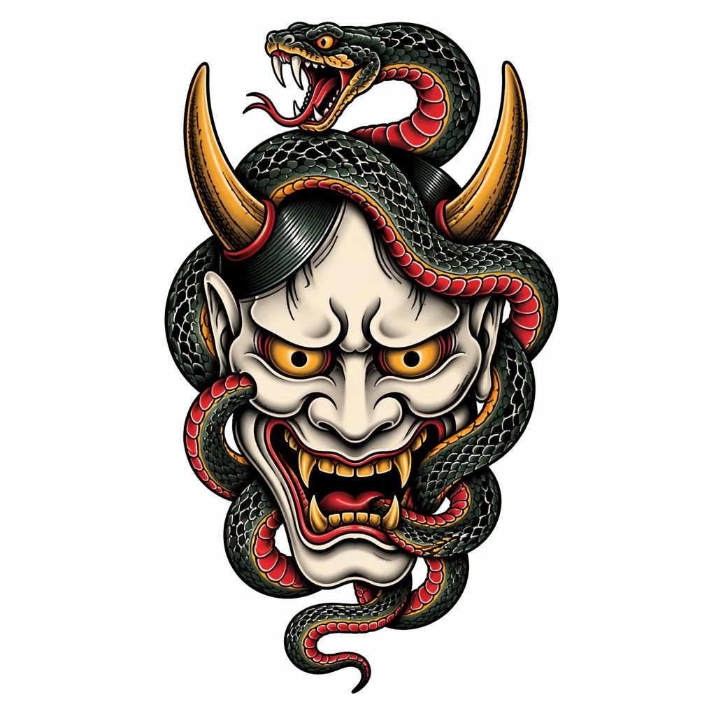 Tattoo-Design auf weißem Papier: japanische Hannya-Maske im Traditional-American-Stil, klare Linien, hoher Kontrast.