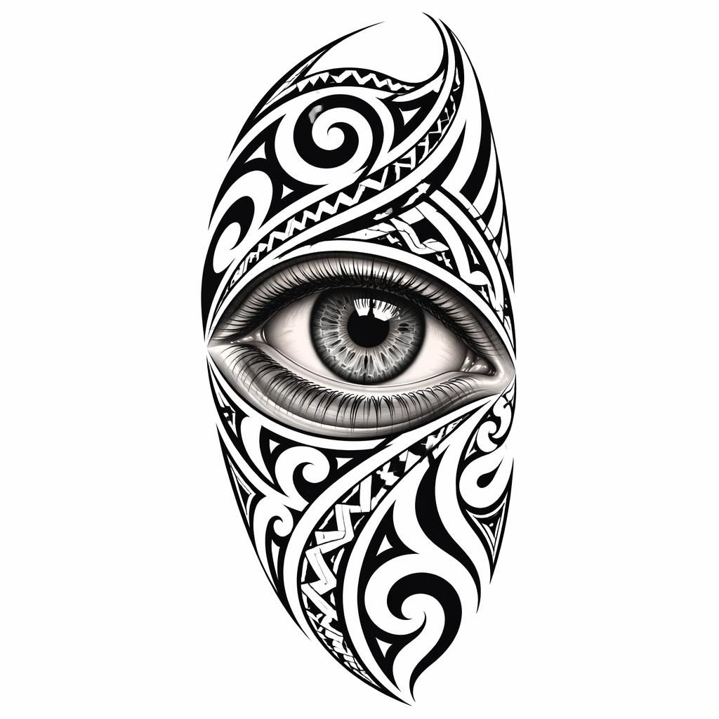 Tattoo-Design auf weißem Papier mit realistischem Auge als Makro-Motiv, klare Linien, hoher Kontrast, Flashsheet-Stil