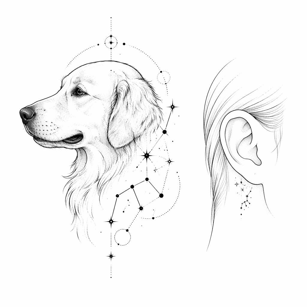 Ilustración tipo flash tattoo en papel blanco de una constelación pequeña con estilo geométrico y dotwork.