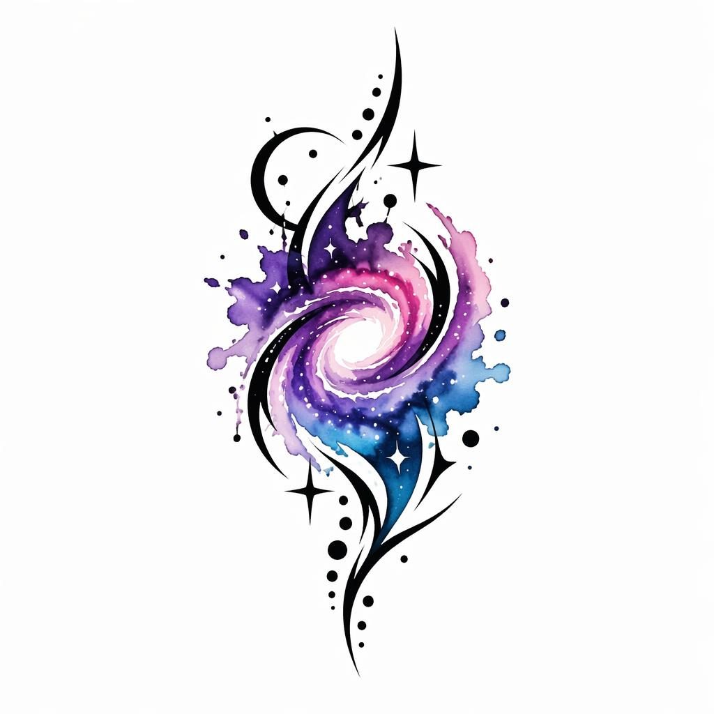 Tattoo-Design auf weißem Papier: abstrakte Aquarell-Galaxie im Tribal-Stil, klein, kontrastreich, saubere Linien.