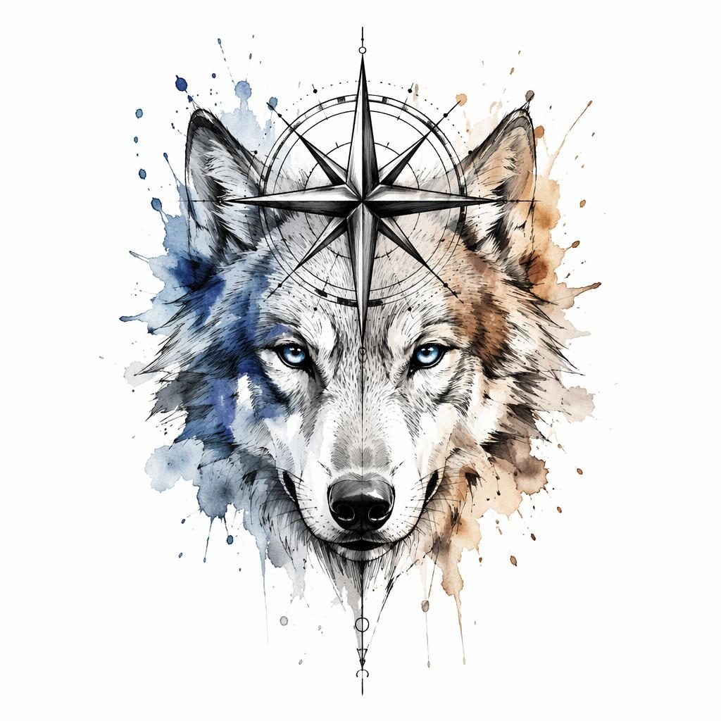 Diseño de tatuaje en papel blanco con rostro de lobo en acuarela, trazo sketch y linework negro de alto contraste.