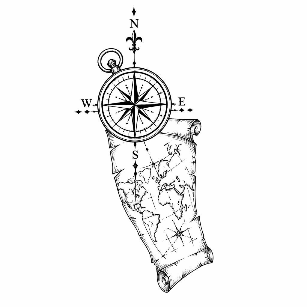 Tattoo-Design auf weißem Papier mit Kompass- und Kartenmotiv, klare Linien, hoher Kontrast, Flash-Sheet-Stil