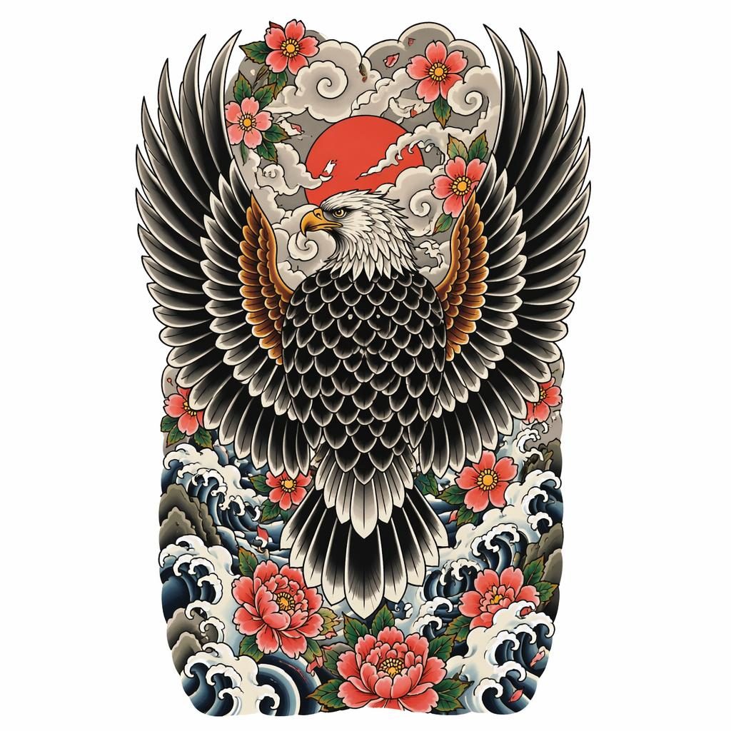 Japanese irezumi eagle back tattoo design on white paper, clean flash-sheet lines, high contrast, plain background.