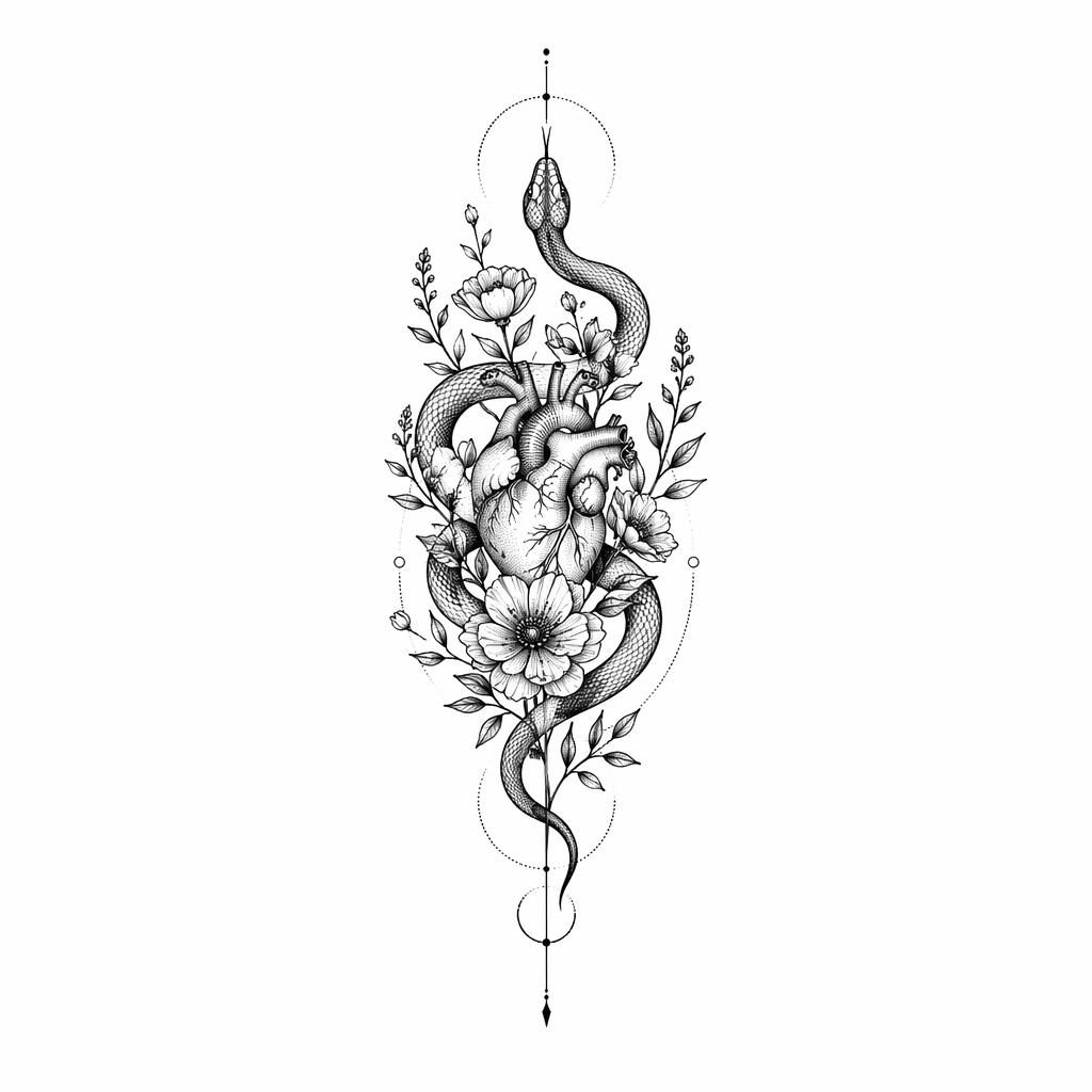 Diseño de tatuaje de serpiente geométrica en dotwork sobre papel blanco, líneas nítidas y estilo flash sheet.