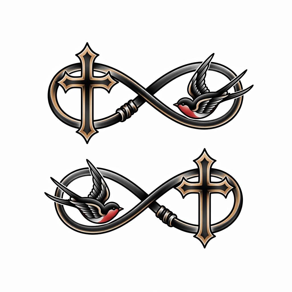 Neo-traditional matching couple infinity tattoo design on white paper, small upper arm flash with sharp black lines