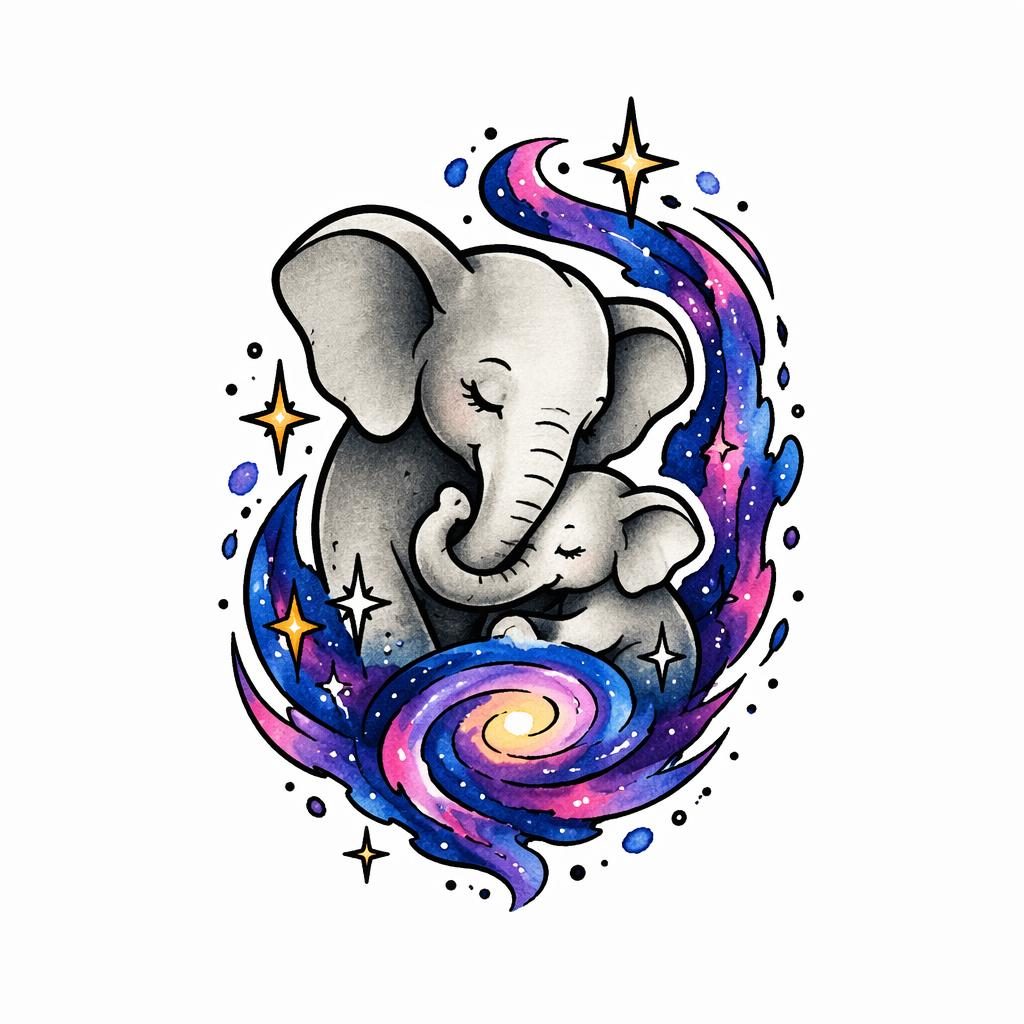 Diseño de tatuaje en papel blanco de galaxia abstracta en acuarela, estilo tradicional americano, líneas nítidas.