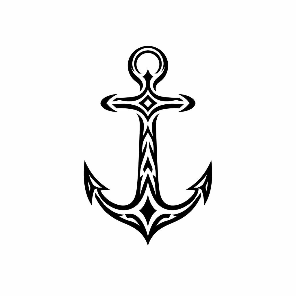 Clean black tribal anchor tattoo design on white paper, flash-sheet style with sharp lines and plain background.