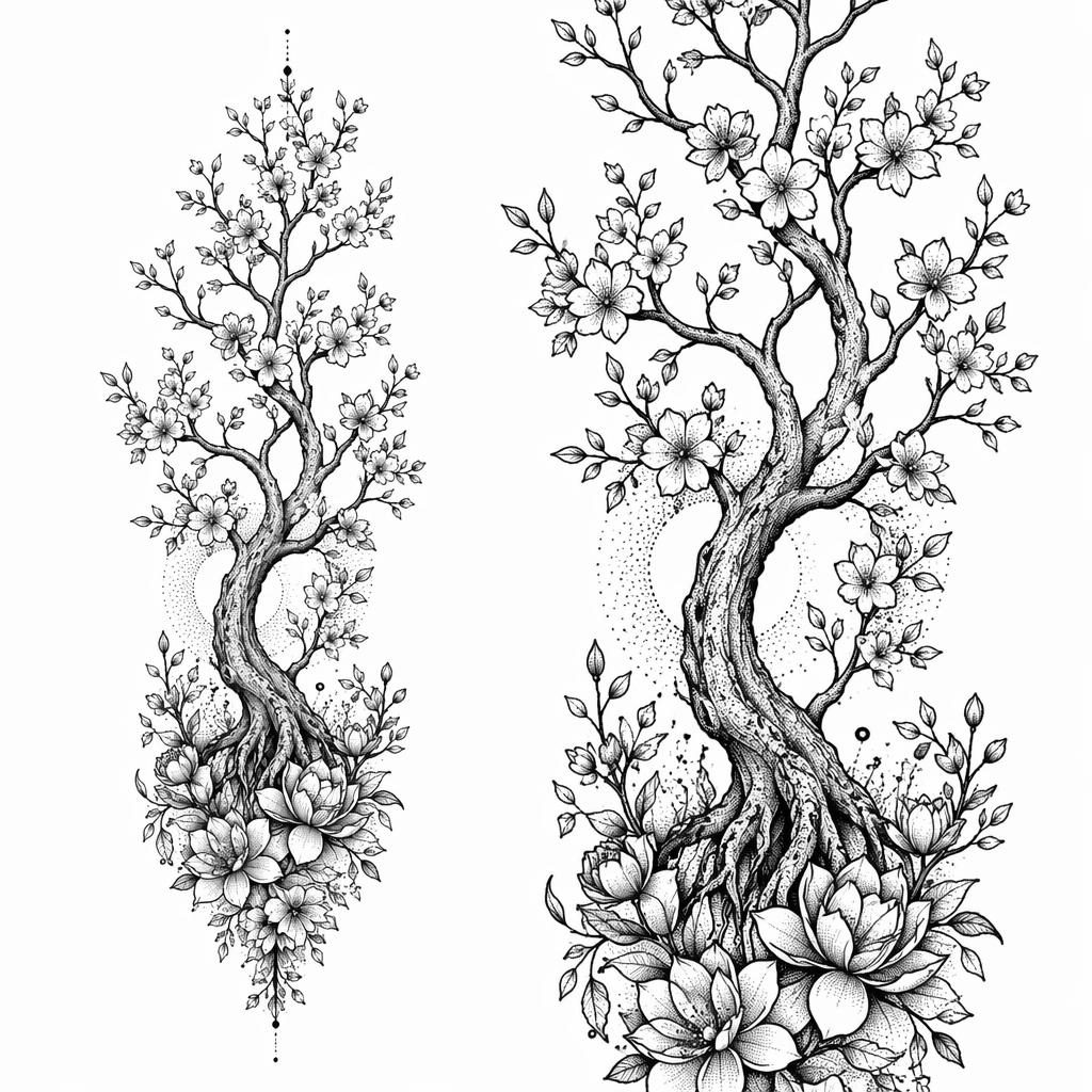 Blackwork-Dotwork-Baum als Tattoo-Design auf weißem Papier, skizzenhaftes Linework, klare Kontraste, Flashsheet-Stil