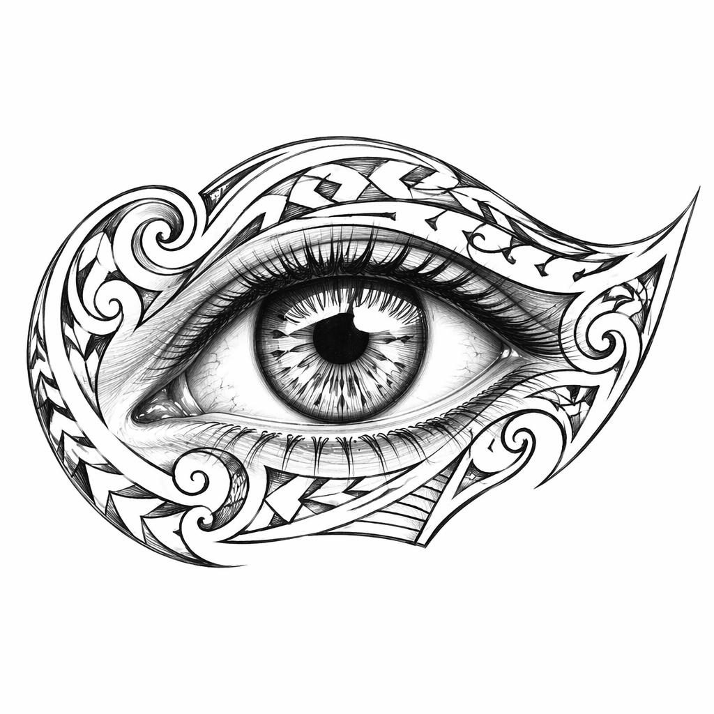 Tattoo-Design auf weißem Papier mit realistischem Auge im Makro-Stil, als klare Linework- und Sketch-Illustration.