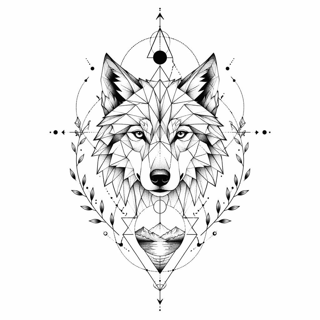Geometrischer Wolf als Blackwork-Tattoo-Entwurf auf weißem Papier, mit Dotwork, klaren Linien und hohem Kontrast.