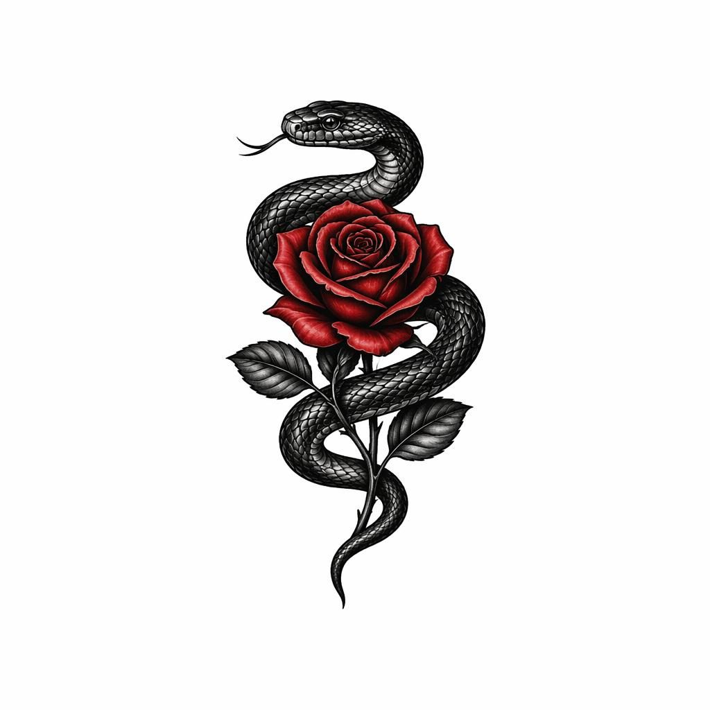 Tiny traditional snake and rose tattoo design on white paper, high-contrast flash-style linework on a plain white background.