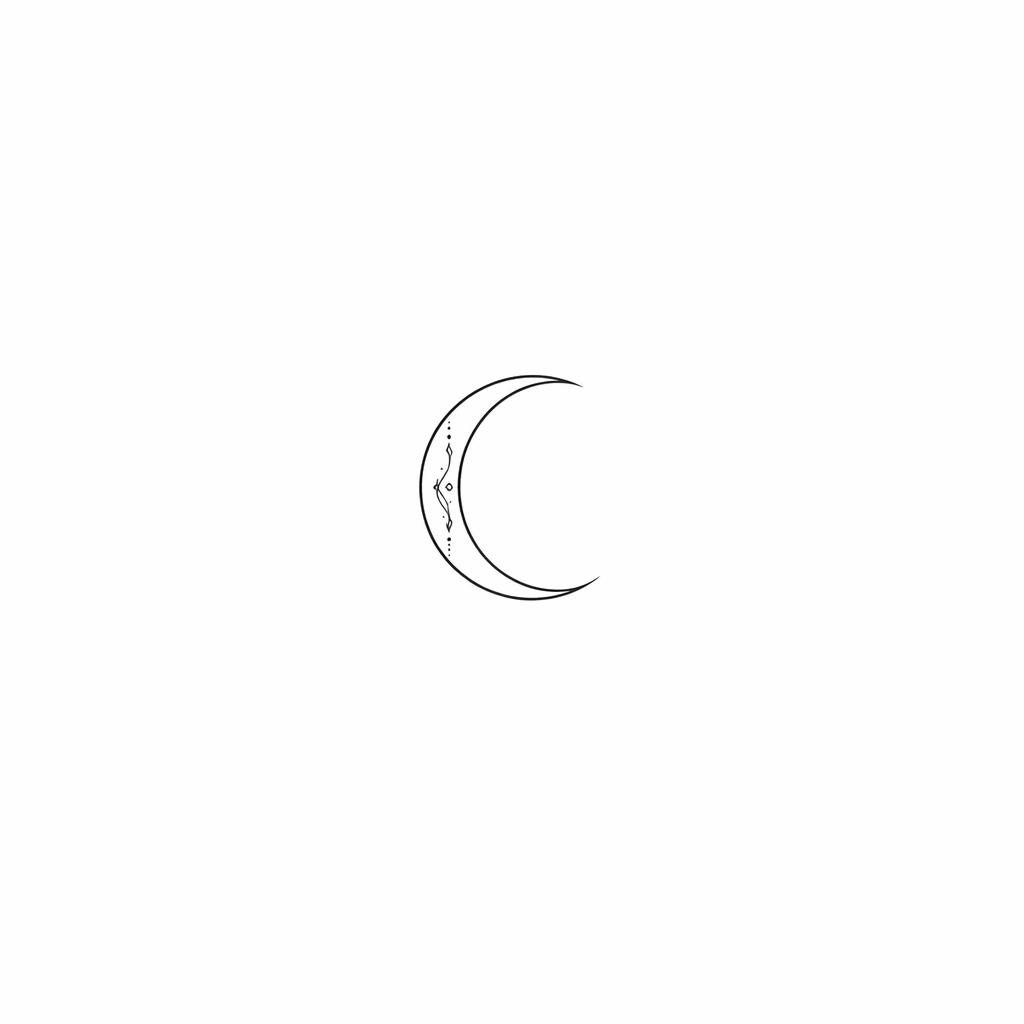 Minimalist fineline crescent moon tattoo design drawn on white paper with sharp black lines and clean flash-sheet style.