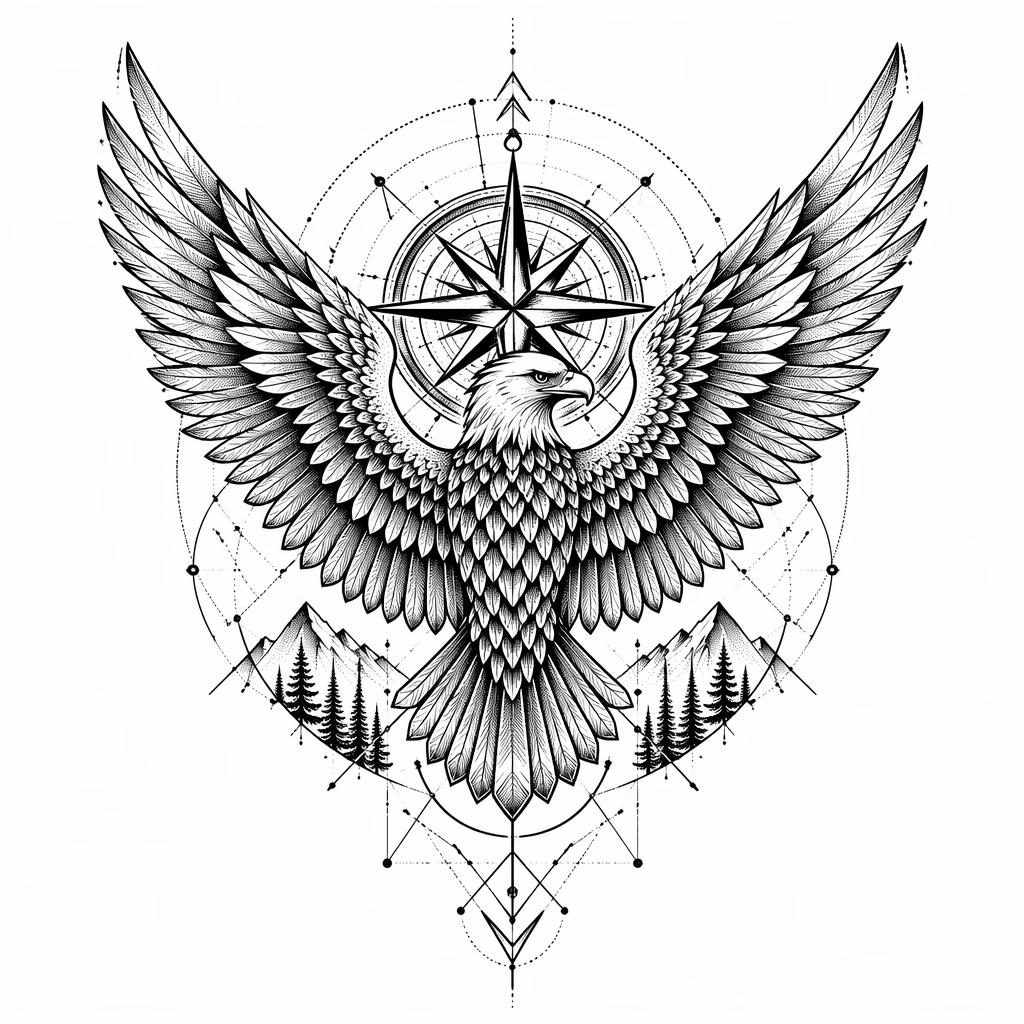 Tattoo-Design auf weißem Papier: Adler-Rücken mit geometrischen Dotwork-Details, klare Linien, Flash-Sheet-Stil.
