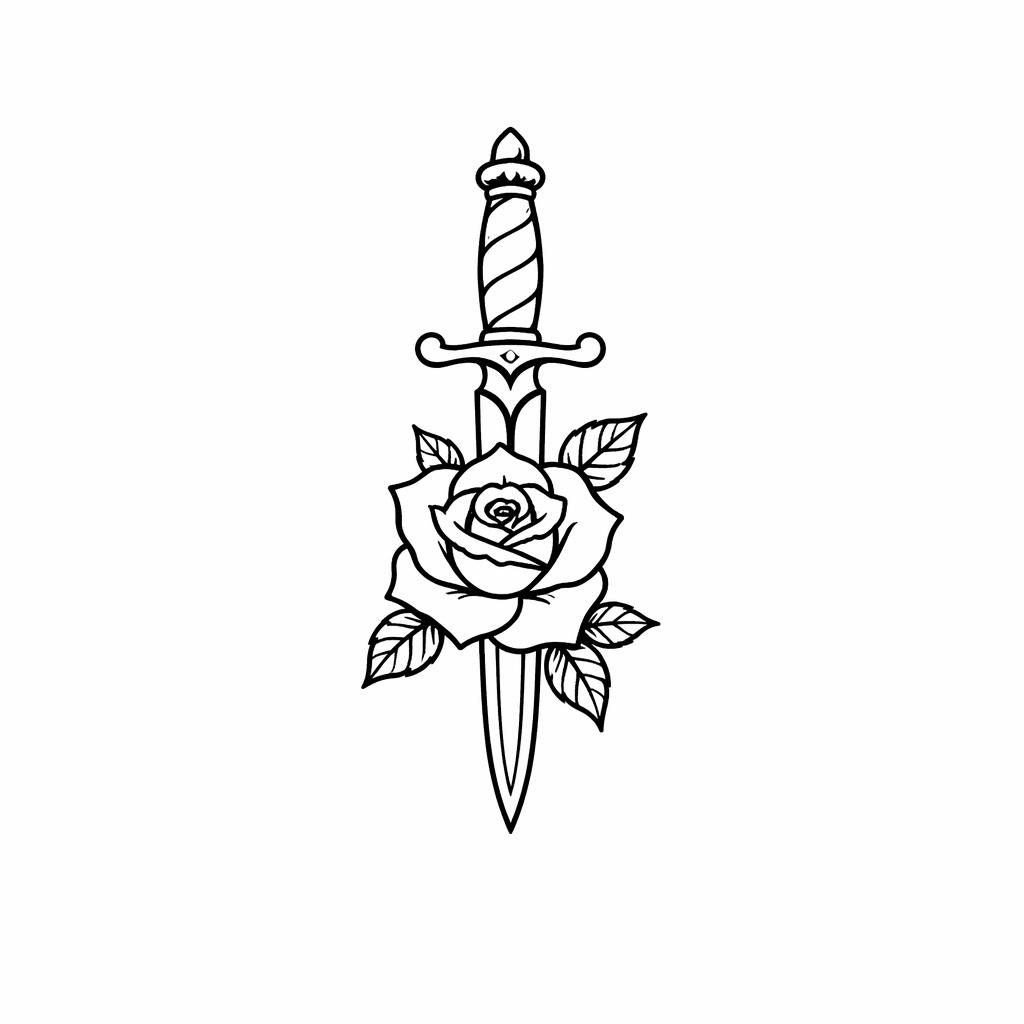 Dessin de tatouage sur fond blanc montrant une petite rose traversée par une dague, en linework net et contrasté.