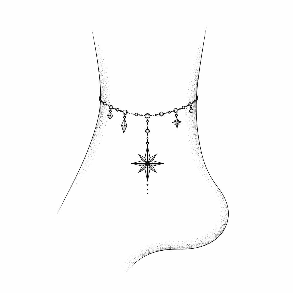 Geometric dotwork tattoo flash of a small star ankle design on white paper, with sharp black lines and clean contrast.