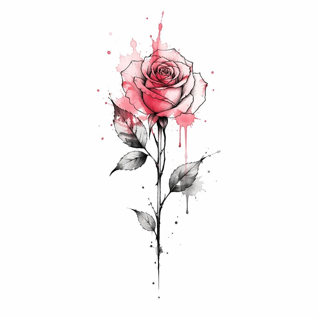 Minimalist fineline rose tattoo flash on white paper with watercolor splash accents and sharp black lines.