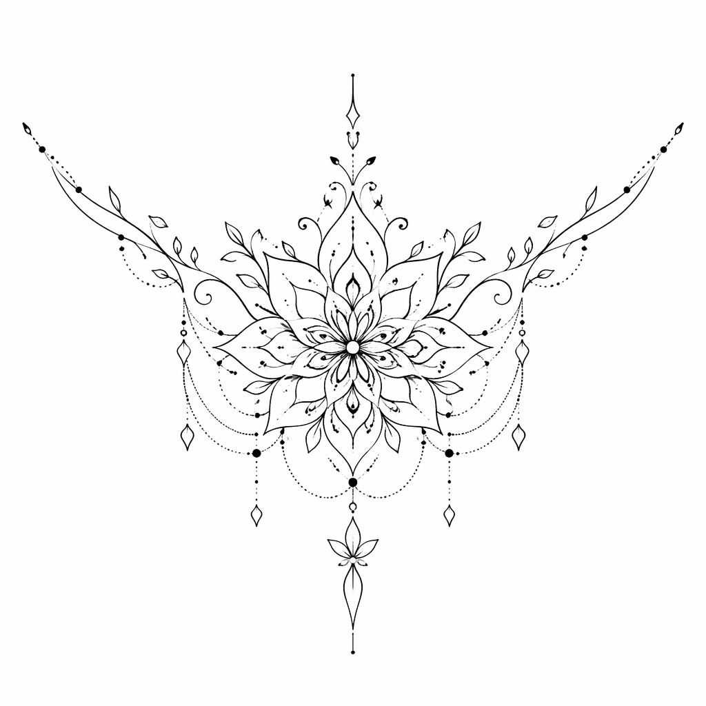 Diseño de tatuaje mandala minimalista en fineline sobre papel blanco, líneas nítidas y alto contraste.