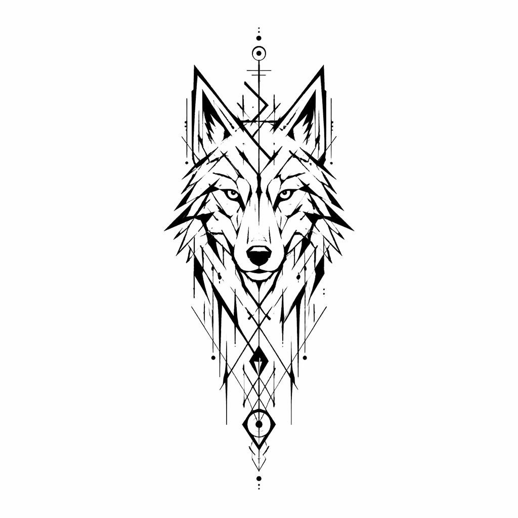 Blackwork geometric wolf tattoo flash drawn on white paper with sharp high-contrast lines and clean black ink details.