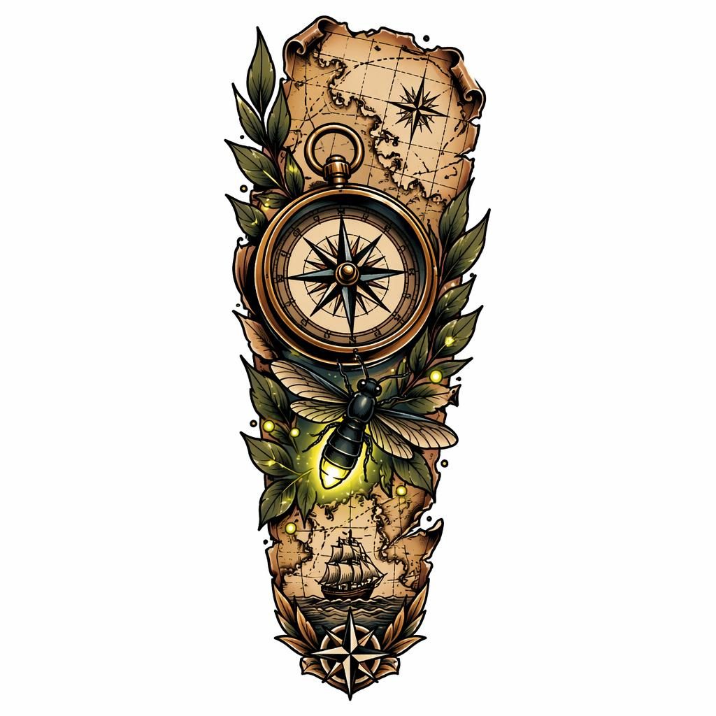 Neo-traditional tattoo flash of a compass and map on white paper, with sharp lines and a lightning bug tattoo motif.