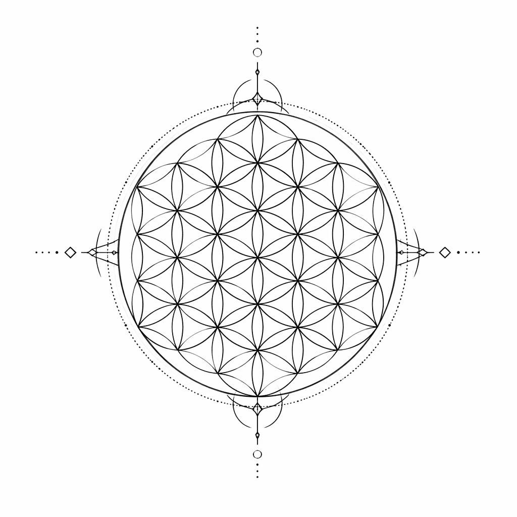 Black linework tattoo flash of a sacred geometry flower of life sketch on white paper, clean high-contrast design.