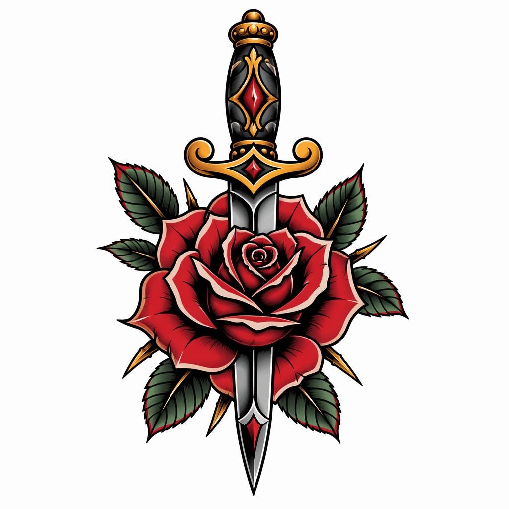 Diseño de tatuaje en papel blanco con una rosa y una daga neo-tradicional, líneas nítidas y alto contraste.