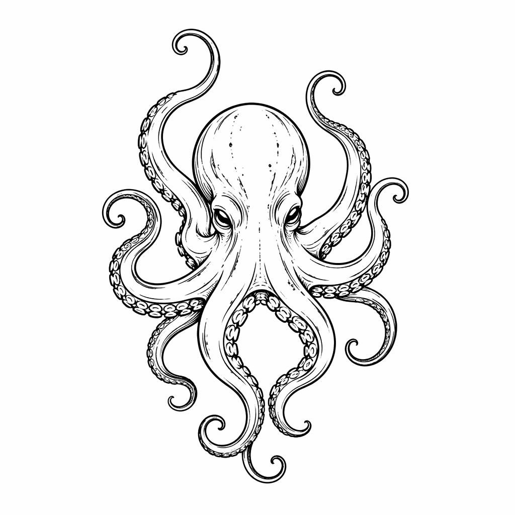 Diseño de tatuaje de pulpo neo tradicional en papel blanco, líneas finas, estilo minimalista y alto contraste.