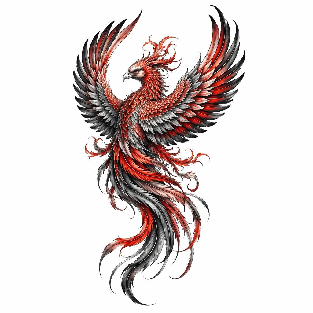 Japanese phoenix back tattoo flash concept on white paper, realism style, sharp high-contrast lines, plain white background.