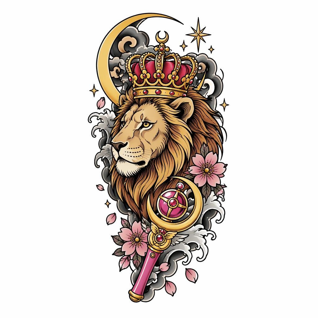 Japanese irezumi tattoo flash of a crowned lion on white paper, small upper-arm design with sharp black lines.