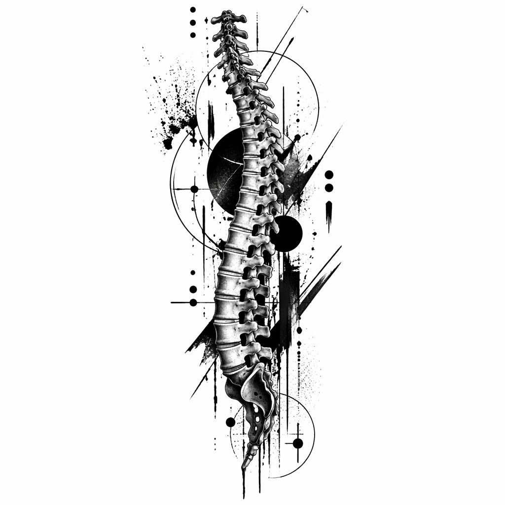 Schwarzes ornamental Spine-Tattoo-Design auf weißem Papier, klare Linien, hoher Kontrast, Flash-Sheet-Stil.