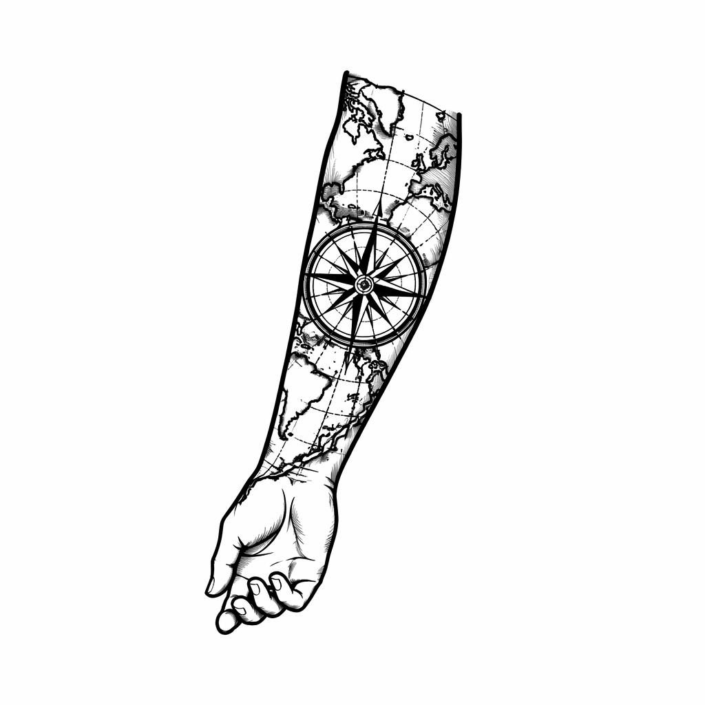 Schwarzes Tattoo-Design auf weißem Papier mit Kompass und Kartenmotiv, klare kräftige Linien, Flash-Sheet-Stil.