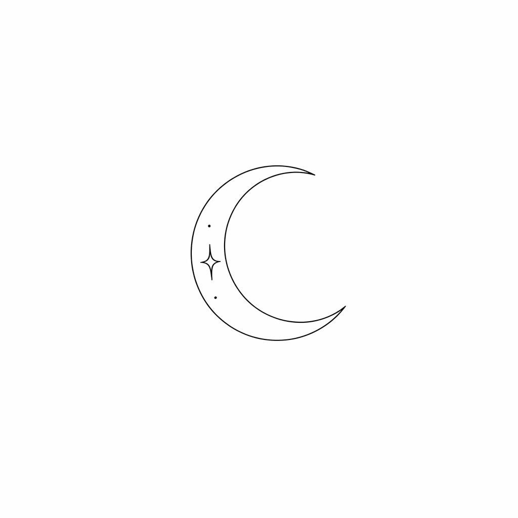 Minimalist fineline crescent moon tattoo design drawn on white paper with sharp black lines and no shading.