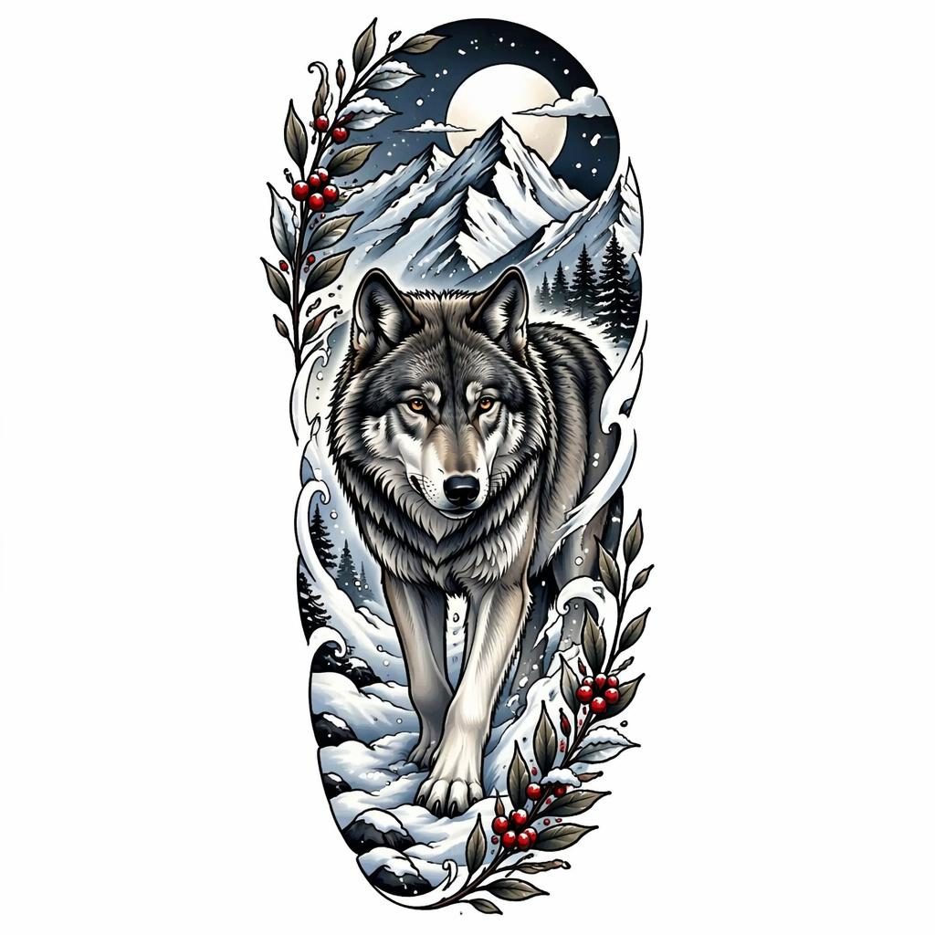 Diseño de tatuaje en papel blanco con lobo realista en la nieve, estilo traditional american, líneas nítidas y alto contraste.