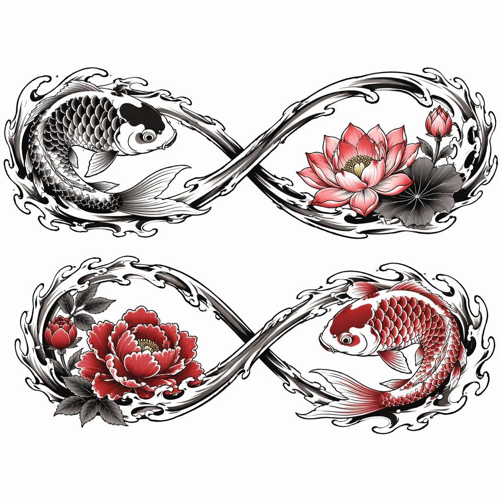 Japanese irezumi tattoo flash on white paper showing a matching couple infinity design with sharp black lines.