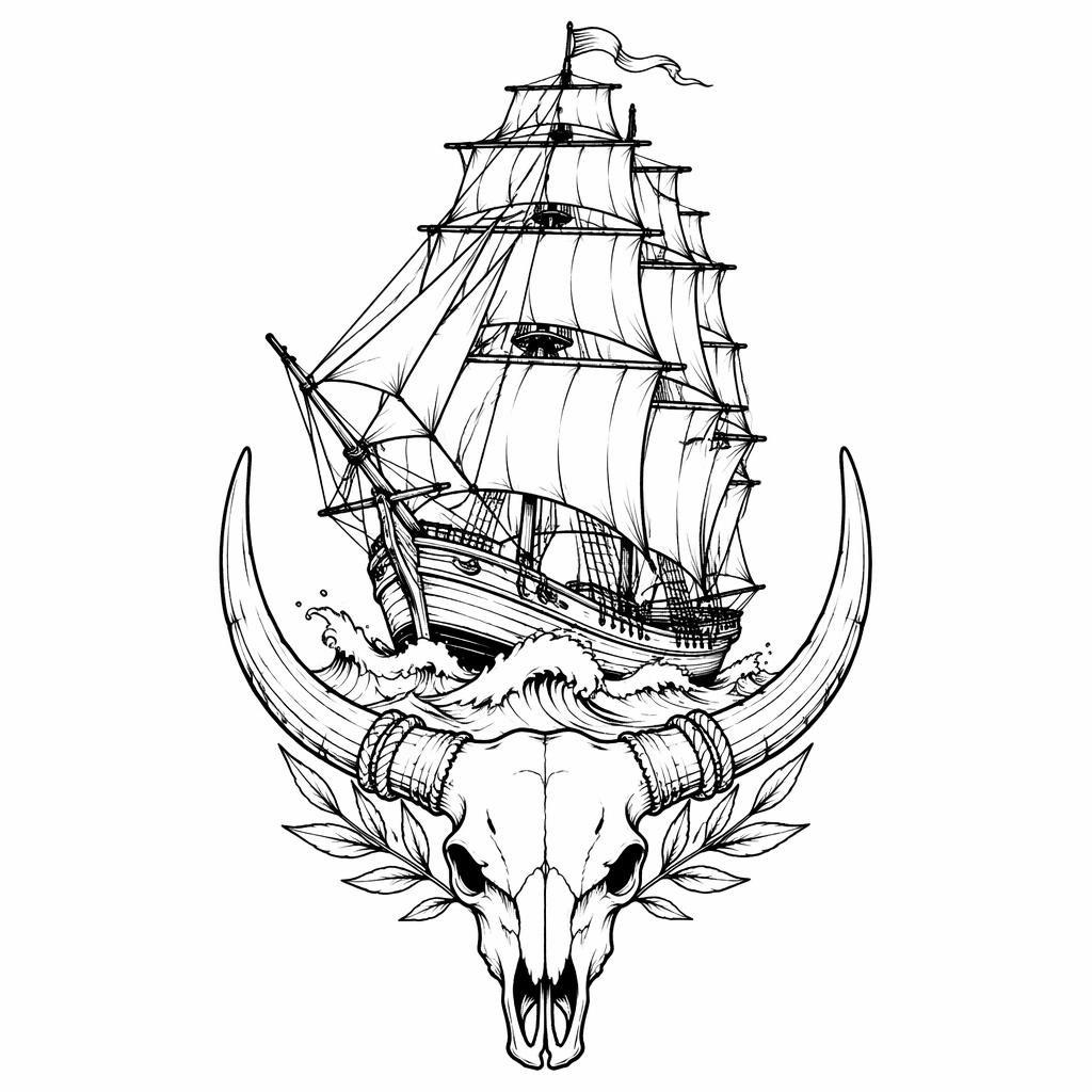 Black linework tattoo flash concept of a traditional full-rigged ship on plain white paper background.