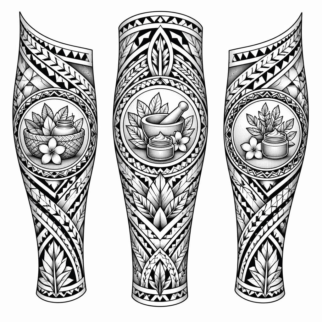 Samoanisches Calf-Wrap-Tattoo als Flash-Design auf weißem Papier, geometrisch, mit Dotwork und scharfen Linien